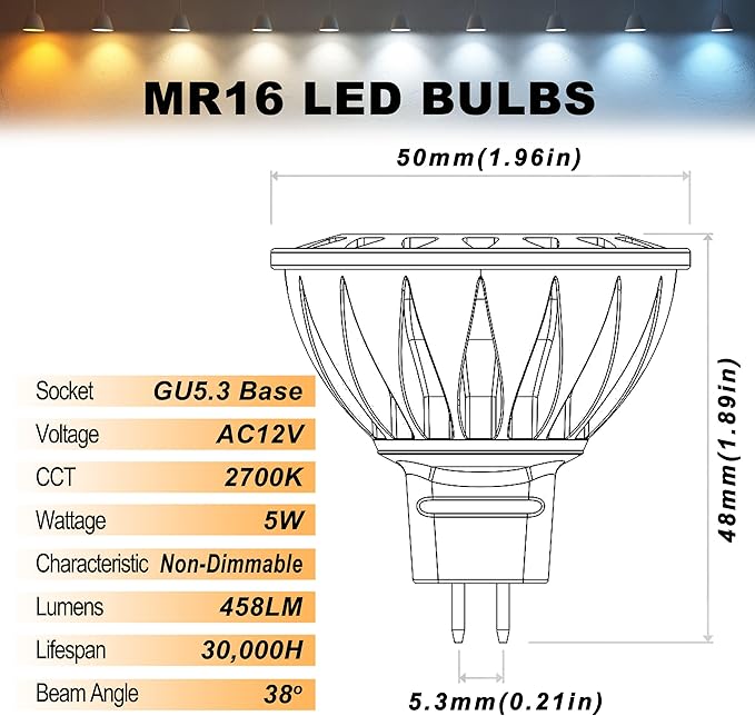 ALIDE MR16 GU5.3 LED Bulbs 50W Halogen Equivalent, 2700K Warm White, MR16 5W - Image 2