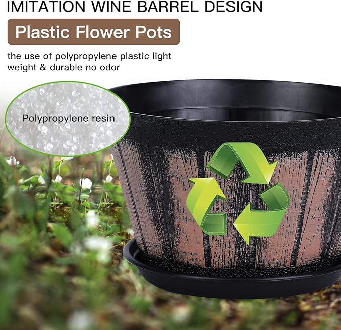 Quarut 8 inch Brown Plastic Whiskey Barrel Plant Pots Set of 4 - Image 3