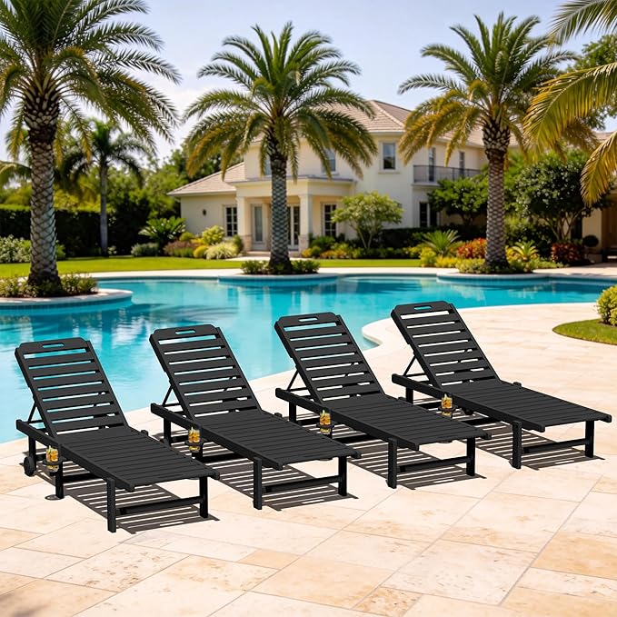 SERWALL Patio Chaise Lounge Chair Set of 4, HDPE Outdoor Lounge Chair by SERWALL