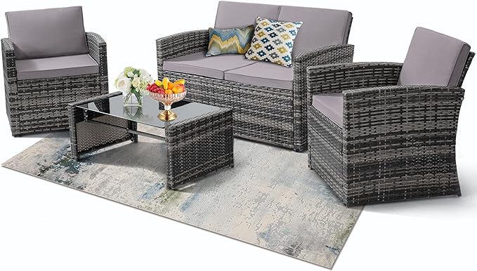 4-Piece Patio Furniture Set, Wicker Outdoor Rattan Sectional Sofa by KROFEM