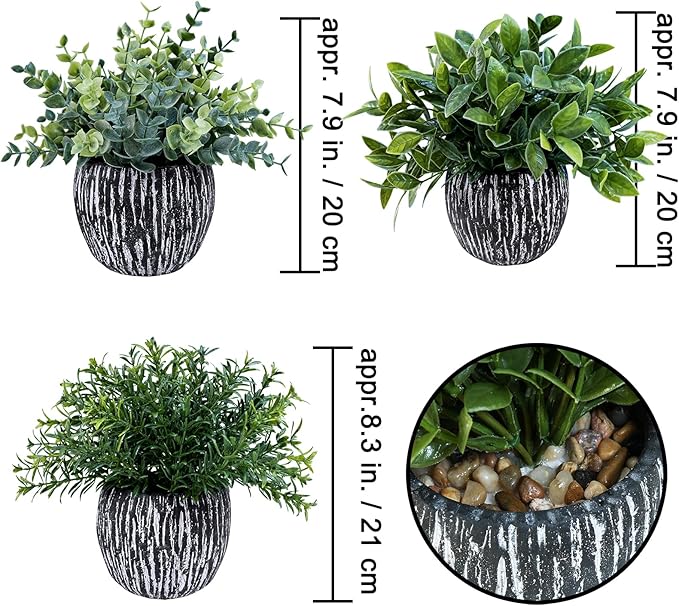 Winlyn Set of 3 Artificial Potted Plants Faux Eucalyptus Rosemary Boxwood - Image 2