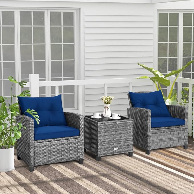 Tangkula 3 Pieces Patio Furniture Set, Outdoor PE Rattan Conversation Chair Set - Image 3