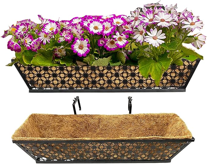 2 Set Deck Railing Planter Box 24" Black Metal Garden Trough Deck Planter by Frillybutts