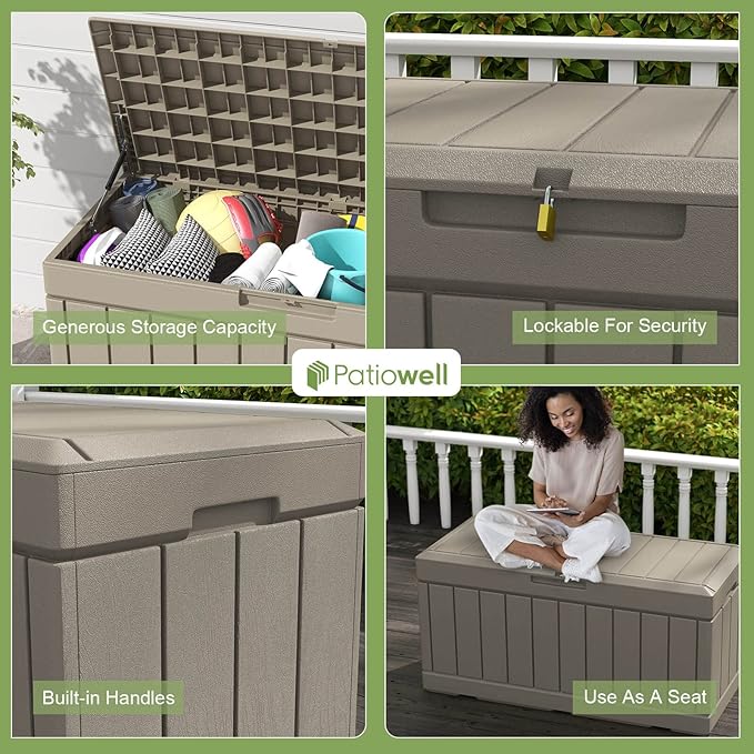 Patiowell 82 Gallon Resin Deck Box, Waterproof Large Wood Look Storage Box - Image 4