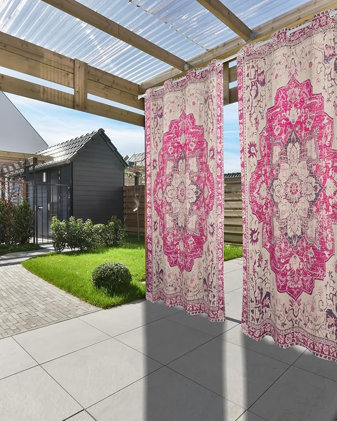 Pink Bohemian Outdoor Curtains for Patio Waterproof, Grommet Privacy Curtain - Image 3