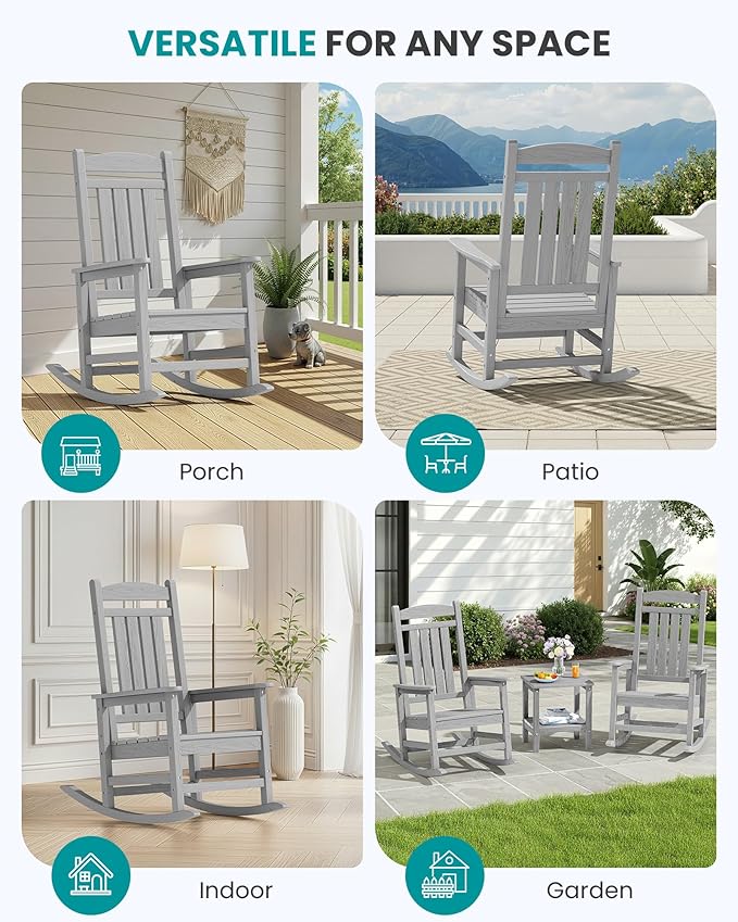 SERWALL HDPE Outdoor Rocking Chair Set of 4, Oversized Patio Rocking Chairs - Image 9
