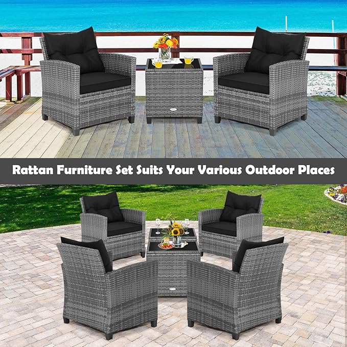 Tangkula 3 Pieces Patio Furniture Set, Outdoor PE Rattan Conversation Chair Set - Image 9