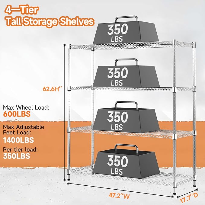 4 Tiers Storage Shelves Load 1400LBS, Metal Shelving Wire Metal Shelving Unit - Image 3