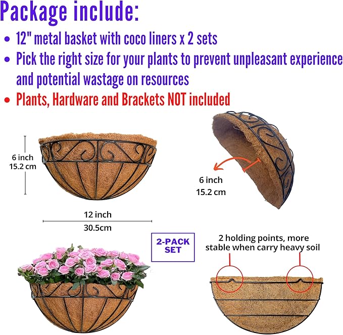 LaLaGreen Wall Hanging Planter, 2 Pack, 12 Inch Wall Mounted Flower Basket - Image 2