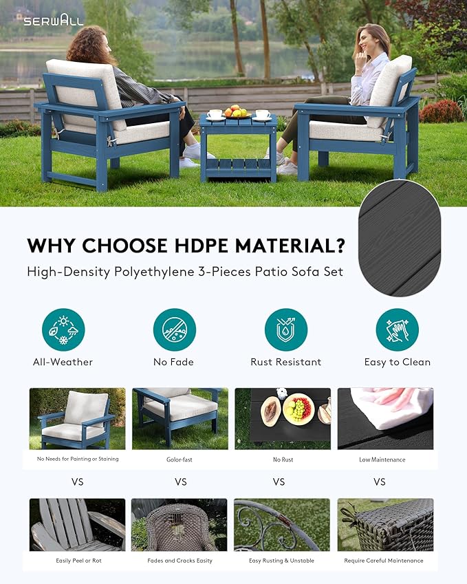 SERWALL HDPE Patio Sofa Set, 3-piece Sectional Outdoor Furniture Set, All - Image 3