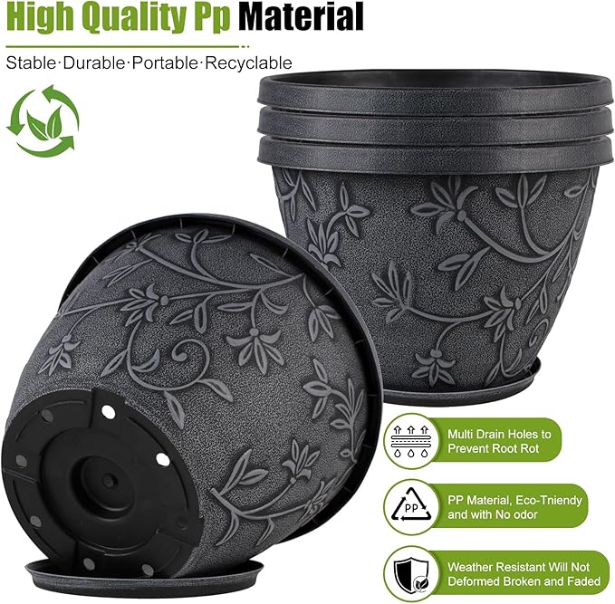 4 Pack 16 Inch Large Plant Pot for Outdoor, Plastic Flower Pot Indoor - Image 2