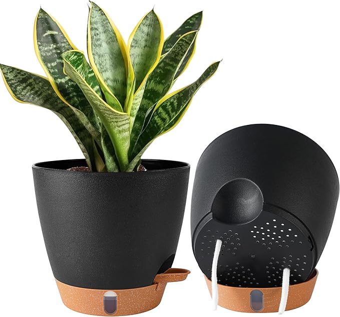 2 Pack 8 Inch Pots for Plants Indoor, Plastic Self Watering Planters by Fielda