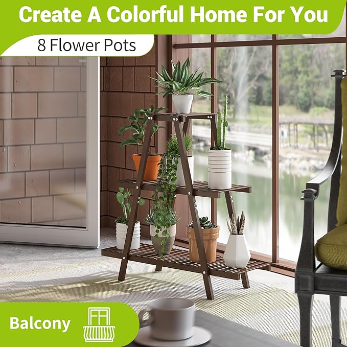 BMOSU Plant Stand Bamboo for Indoor Outdoor Tiered Plant Shelf 8 Potted Flower - Image 5