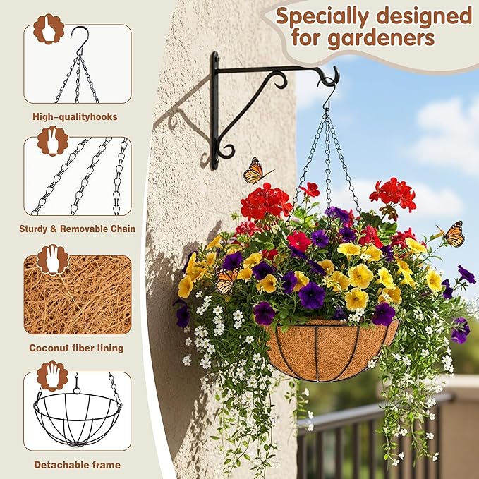 8 inch Metal Hanging Baskets For Plants Outdoor 4 Pack Round Metal Wire Hanging - Image 6