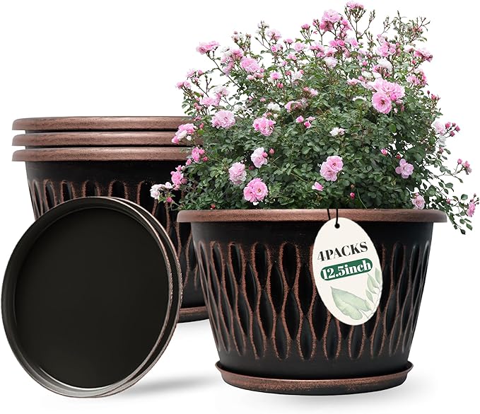 Usocik 4 Pack 10 Inch Retro Plant Pots, Vintage Striped Flower Pots by HQCUPB