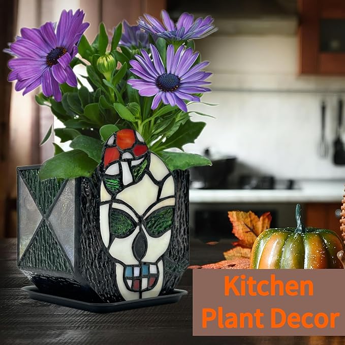 Tiffany Stained Glass Skull Planter, Planters - Image 6