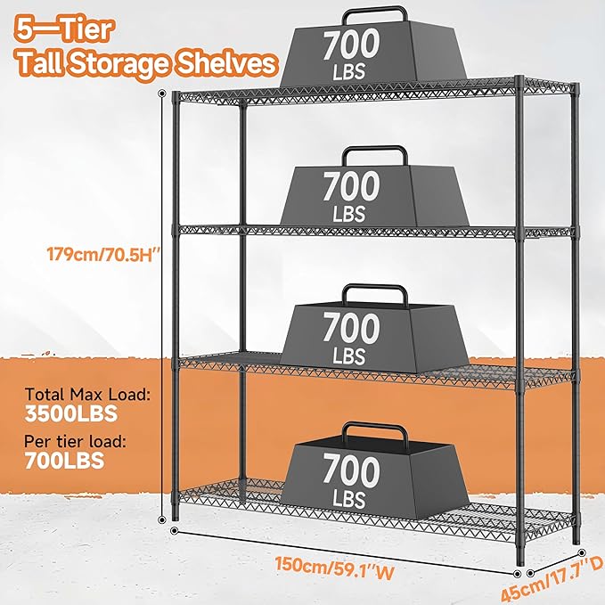 2800LBS 59" W 4 Tiers Storage Shelves Load, Metal Shelving Wire Metal Shelving - Image 3