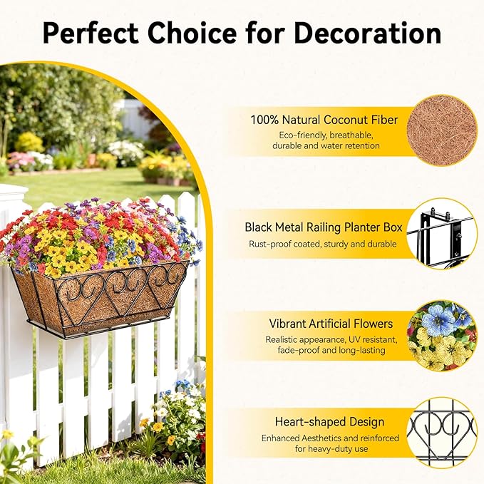 ZeeDix 16 Inch Artificial Flowers Hanging Railing Window Planter Box - Image 2