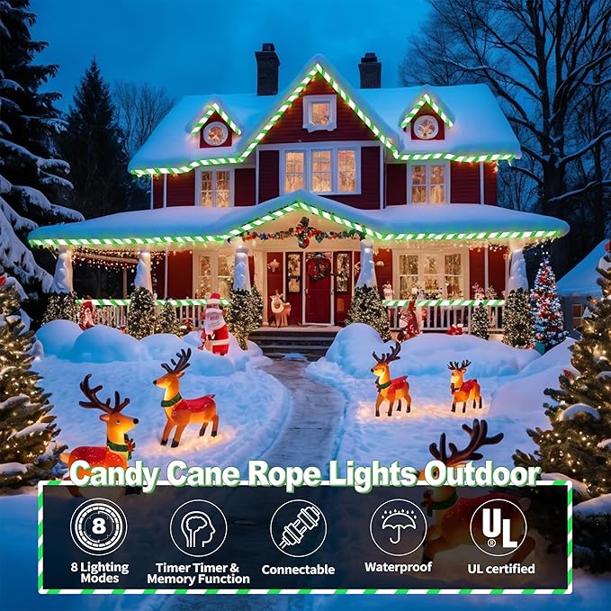 Jnaurb Christmas Candy Cane Lights, 33ft 240 LED Connectable Flexible White & - Image 2