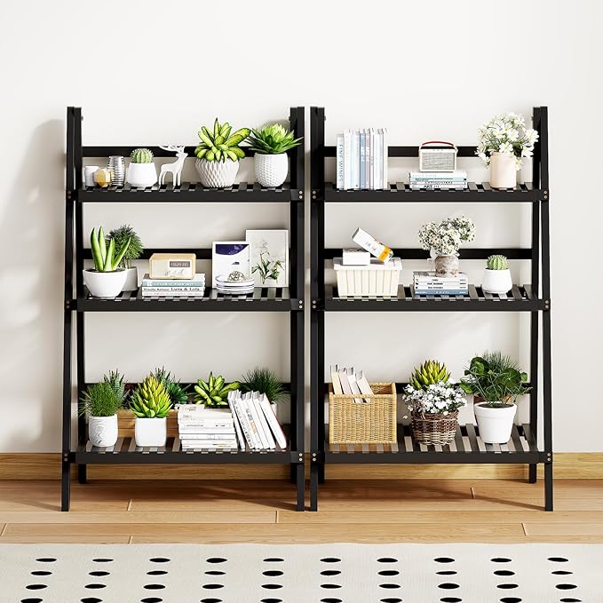39.4" Foldable Plant Shelf Ladder Shelf, 3 Tier Bamboo Ladder Flower Pot - Image 9
