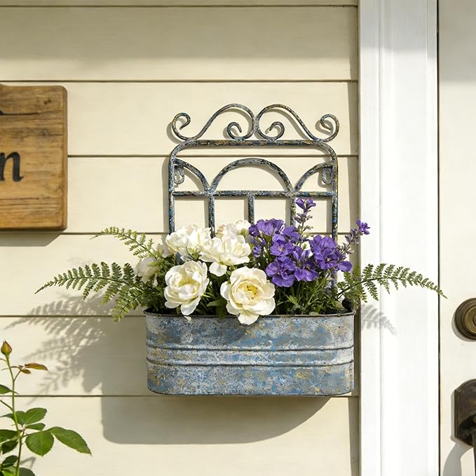 Rustic Metal Wall Planter Vintage Wall Mounted Flower Pot Distressed Wall - Image 9