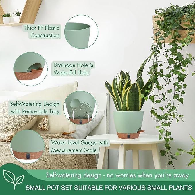 montresor 5 Pack Green 5/5.5/6/6.5/7 Inch Self Watering Planters - Image 5