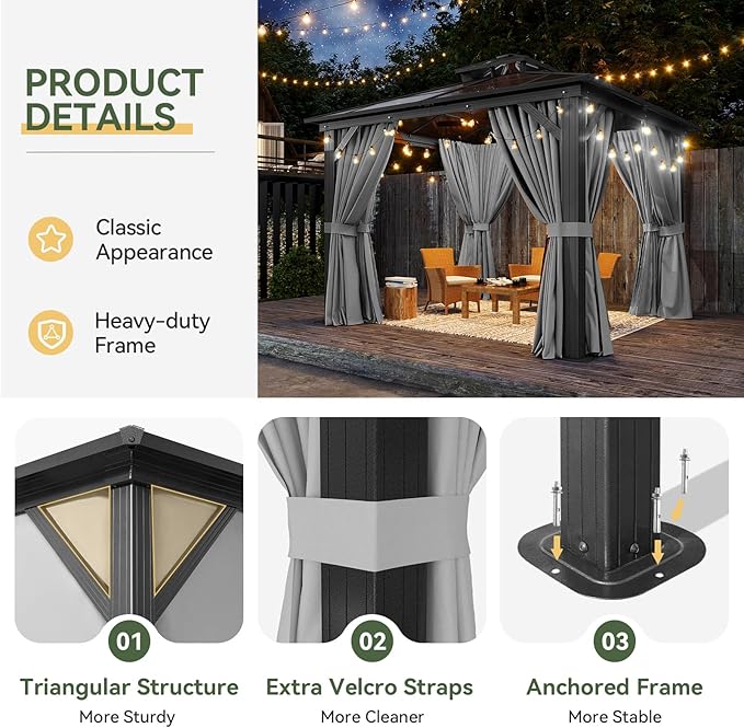 Aoxun 10'x10' Hardtop Gazebo, Outdoor Polycarbonate Double Top Canopy, Aluminum - Image 6