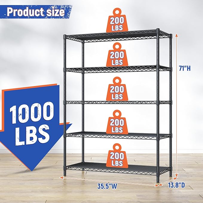 5 Tier Storage Shelves 71"H Wire Shelving Adjustable Metal Shelving, 1000LBS - Image 3