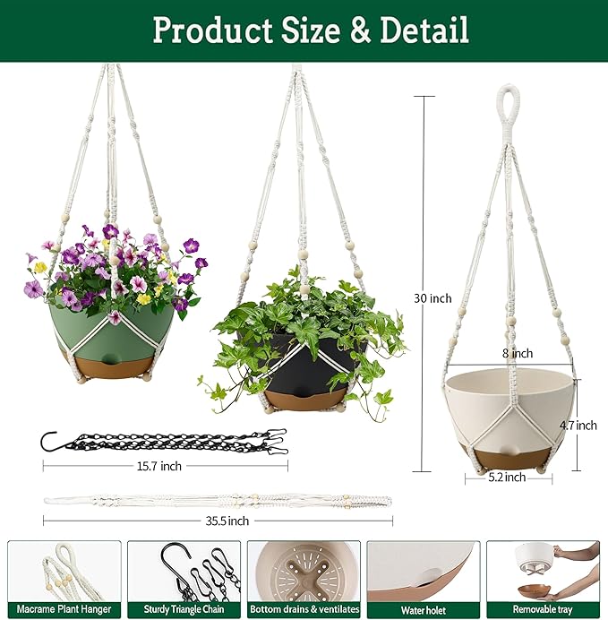 3 Pack Hanging Planters Set, 8 Inch Indoor Outdoor Hanging Plant Pot Basket - Image 2