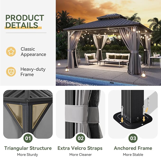Aoxun 12'x14' Hardtop Gazebo, Aluminum Frame Canopy - Image 4