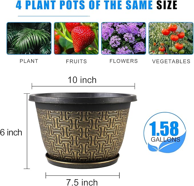 10 Inch Plant Pots, 4 Pack Flower Pots Outdoor - Image 3