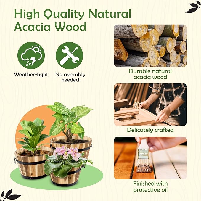 Idzo Set of 3 Wooden Flower Boxes Outdoor, Durable Acacia Wood Barrel Planters - Image 2