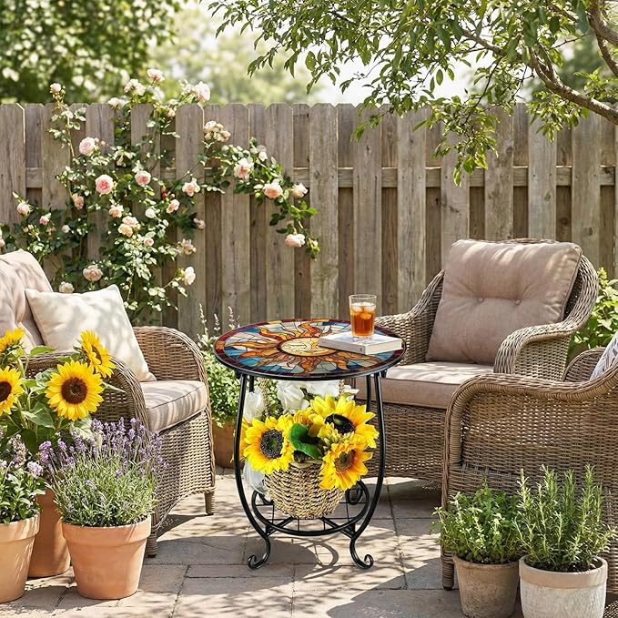 Outdoor Side Table Round Small Mosaic Patio Accent Indoor End Plant Coffee Tea - Image 2