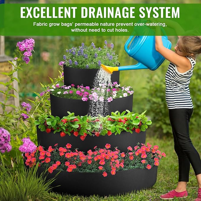 4 Pcs Plant Grow Bags 4 Tiered Strawberry Planter Tower Fabric Raised Garden - Image 4