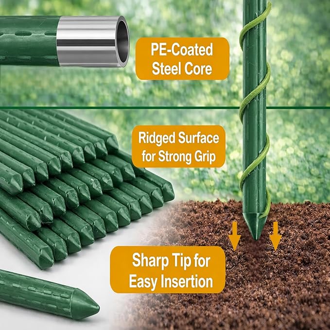 Garden Stakes 40 Pack, 16 Inch Plastic Coated Metal Tomato Stakes, DIY 4ft 5ft - Image 4