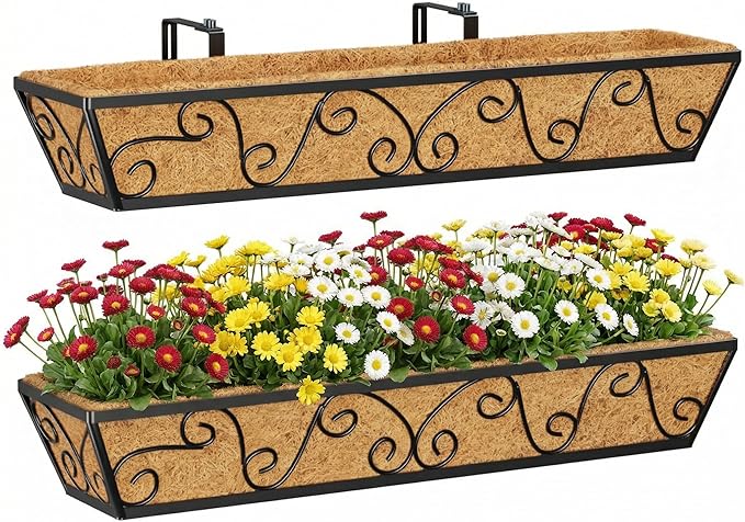 Y&M 30 Inch Window Deck with Coco Liner, Fence Metal Hanging Flower Planter by YM