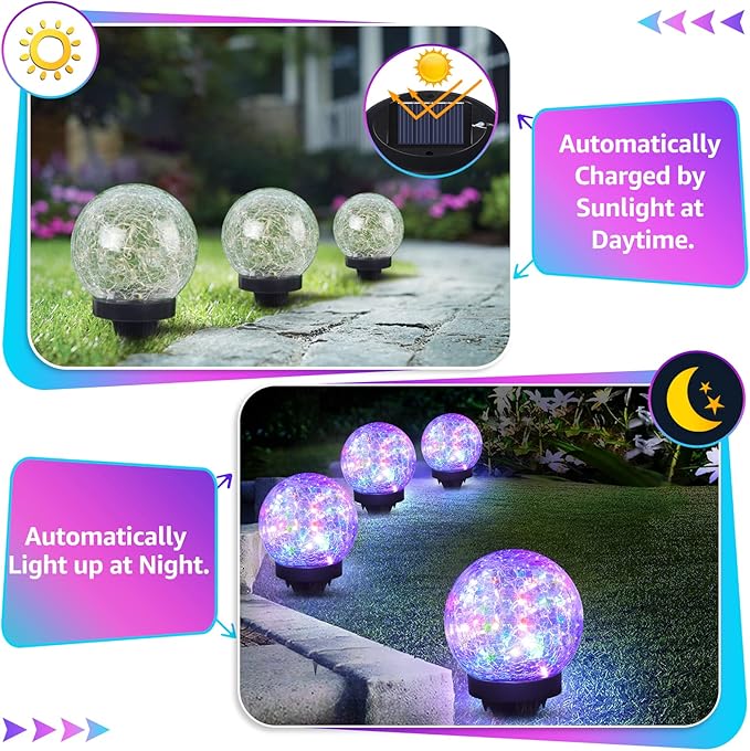 2-Pack Garden Solar Lights Outdoor, Colored Cracked Glass Ball Light Waterproof - Image 4