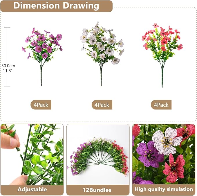 Artificial Flowers Faux Plants Outdoor Fake Flowers Spring Decor, 12 Bundles - Image 3