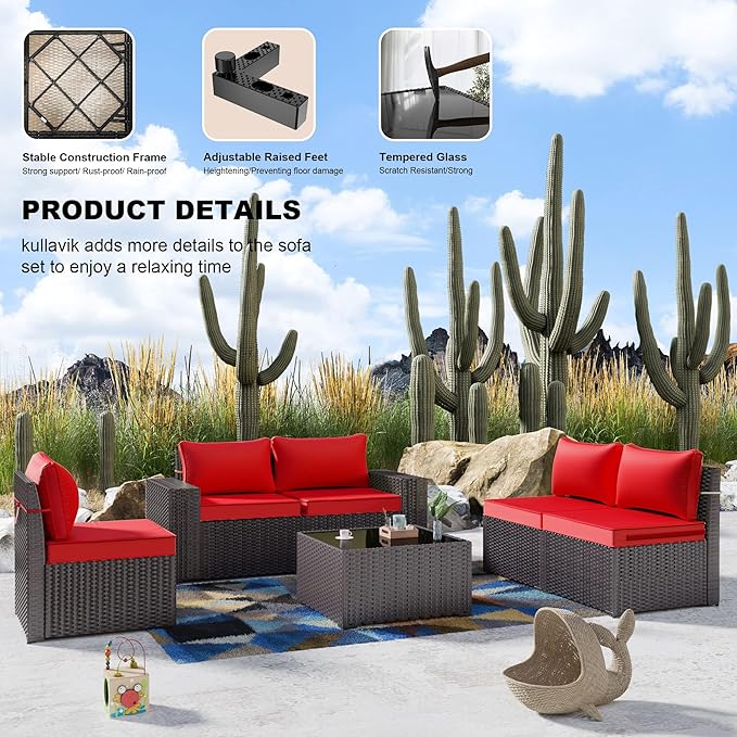 Kullavik 6PCS Outdoor Patio Furniture Set PE Wicker Rattan Sectional Sofa Patio - Image 4