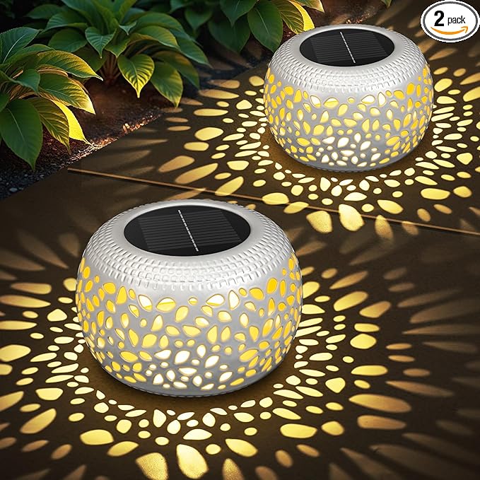 Solar Lanterns Outdoor Waterproof: 2 Pack White Hollow Out Metal Solar Lights by NFEVER