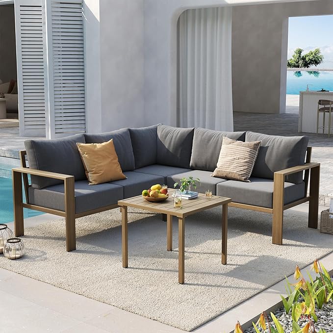 UDPATIO 6 Piece Patio Furniture Set, Faux Wood Metal Outdoor Sectional Sofa - Image 9
