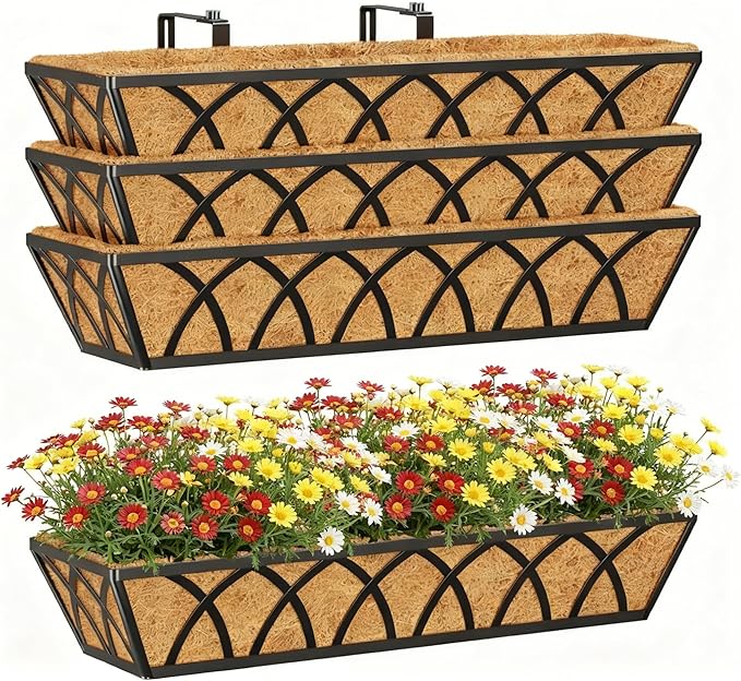24 Inch Window Deck with Coco Liner, Fence Metal Hanging Flower Planter Window by YM