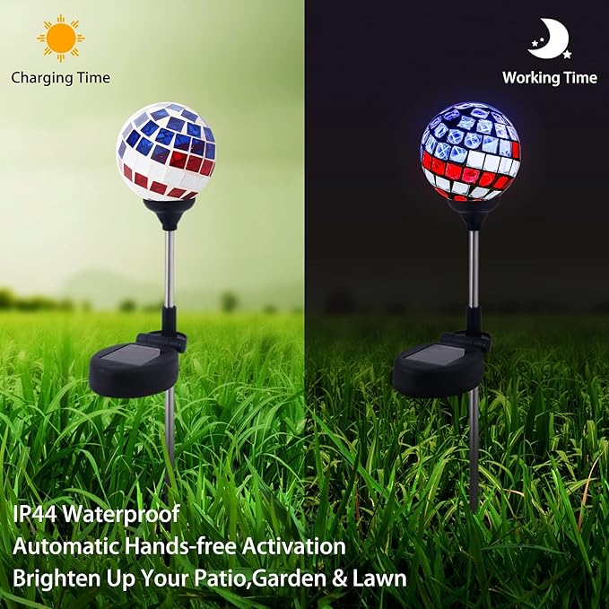 WNP Solar Powered Outdoor Garden Light Stakes Decoration, Mosaic Globe 4th of - Image 4