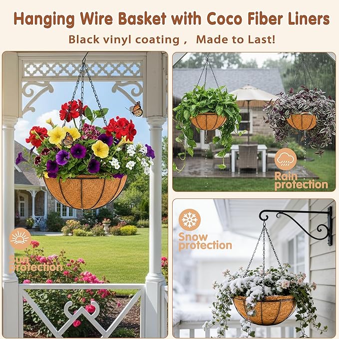 14 inch Metal Hanging Baskets For Plants Outdoor 4 Pack Round Metal Wire - Image 3
