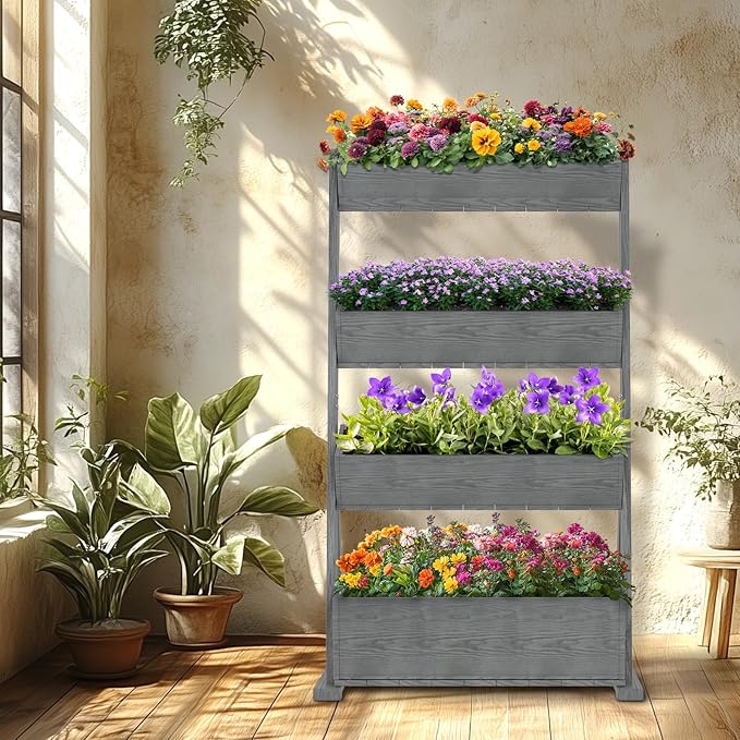 SUNYRISY 4 Tiers Vertical Raised Garden Bed Outdoor Planter Tower, Wooden - Image 6