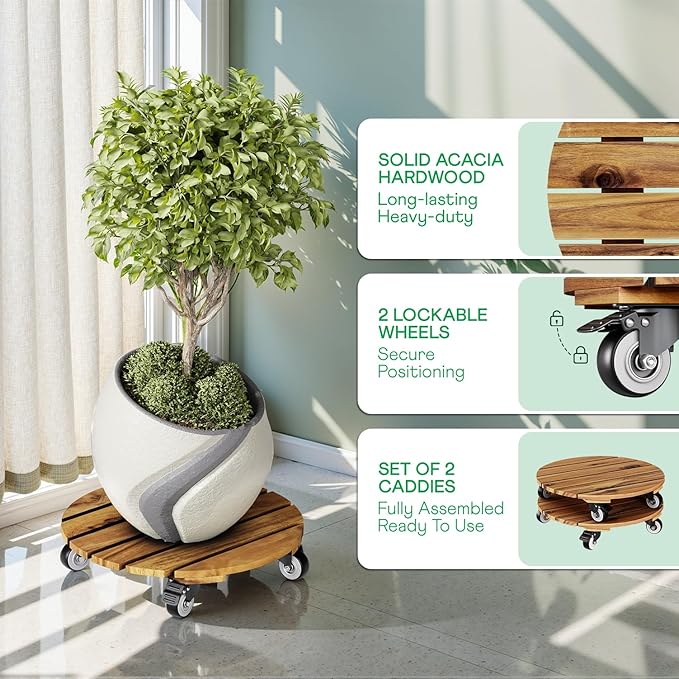 Idzo 2-Pack 14 Inch Acacia Wood Rolling Round Plant Caddy, Plant Caster - Image 2