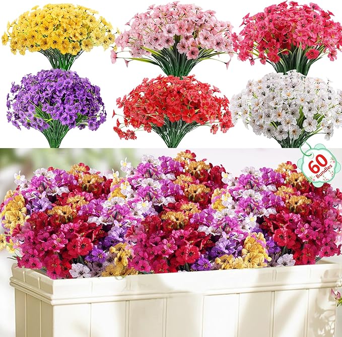 60 Pack Artificial Flowers Outdoor, Faux Silk Flowers by Powbrace