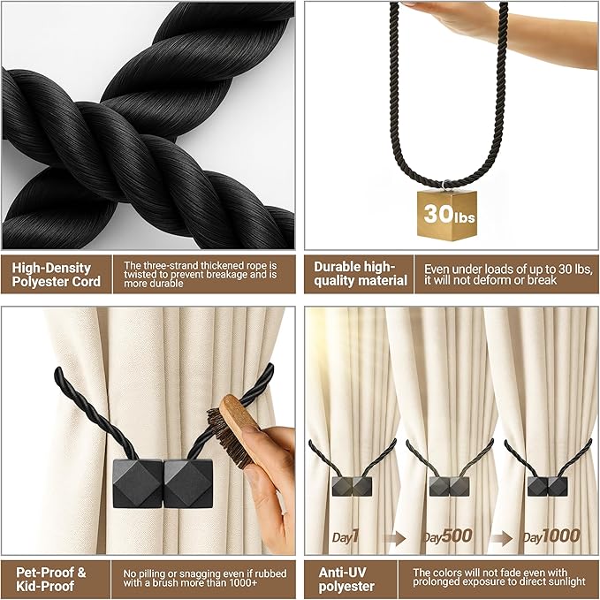 Hion Magnetic Curtain Tiebacks Black 2pcs, Curtain Tiebacks Buckles Holdbacks - Image 3