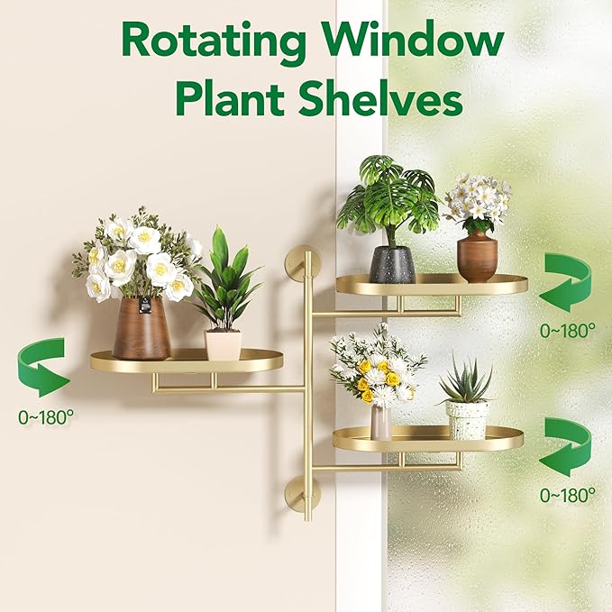 Rotating Window Wall Plant Shelves Stand Holder, 3 Tiered Metal Gold Floating - Image 6