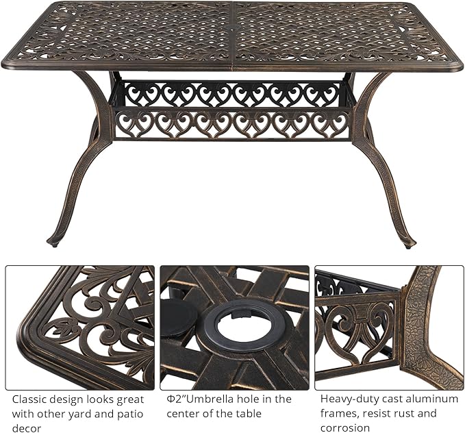 VINGLI 6-Person Outdoor Dining Table, Cast Aluminum Patio Dining Table - Image 4